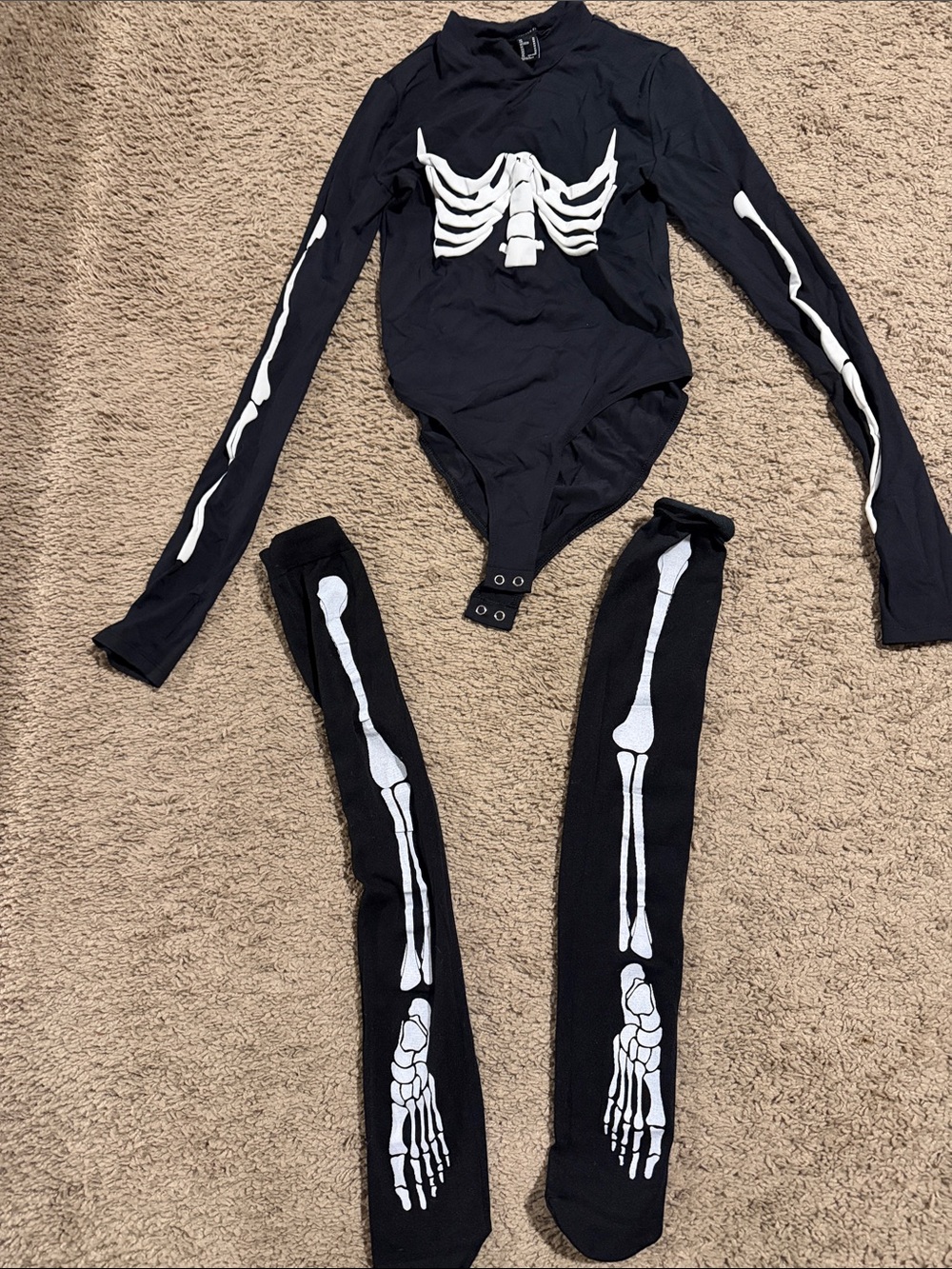 Forever 21 Black Skeleton Print Long-Sleeve Bodysuit with Leg Warmers